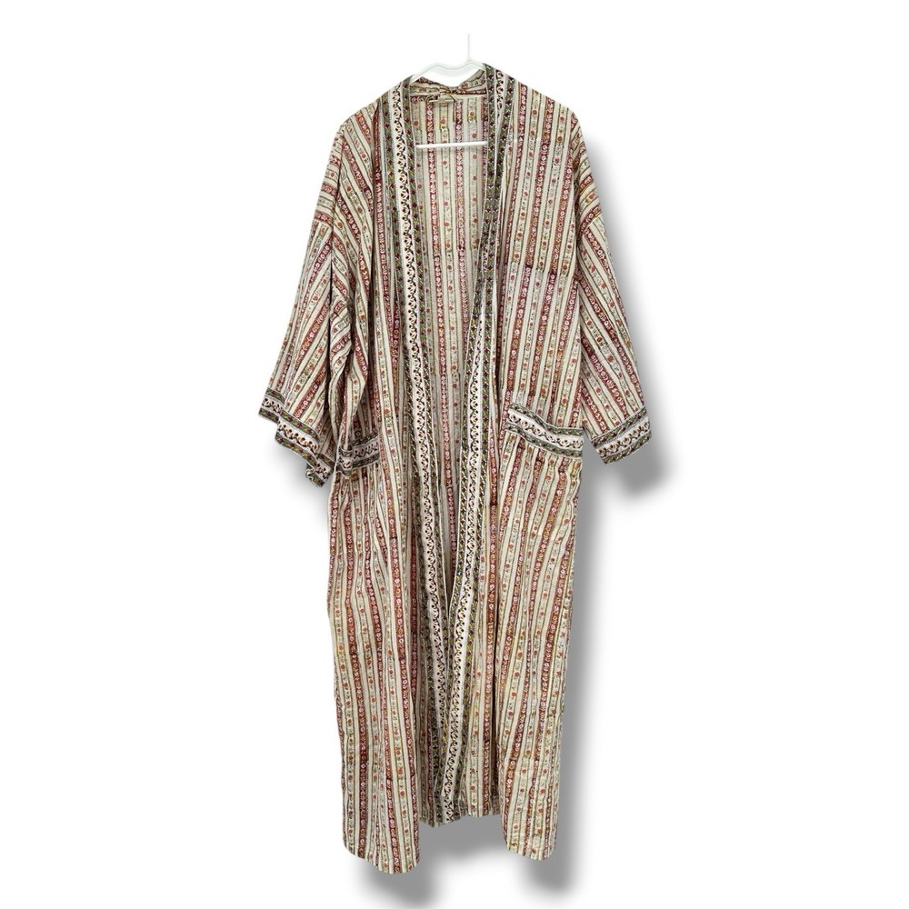 Anokhi India Block Print Cotton Long Kimono Duster Robe OS Boho Artisan No Tie